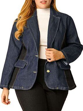 Plus Size Women's Denim Jacket with Lapel Collar Long Sleeve